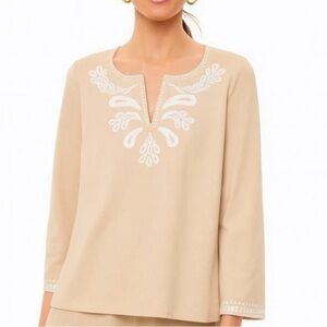 Tuckernuck Miguelina Embroidered Tan Top Split Round Neck Size Medium